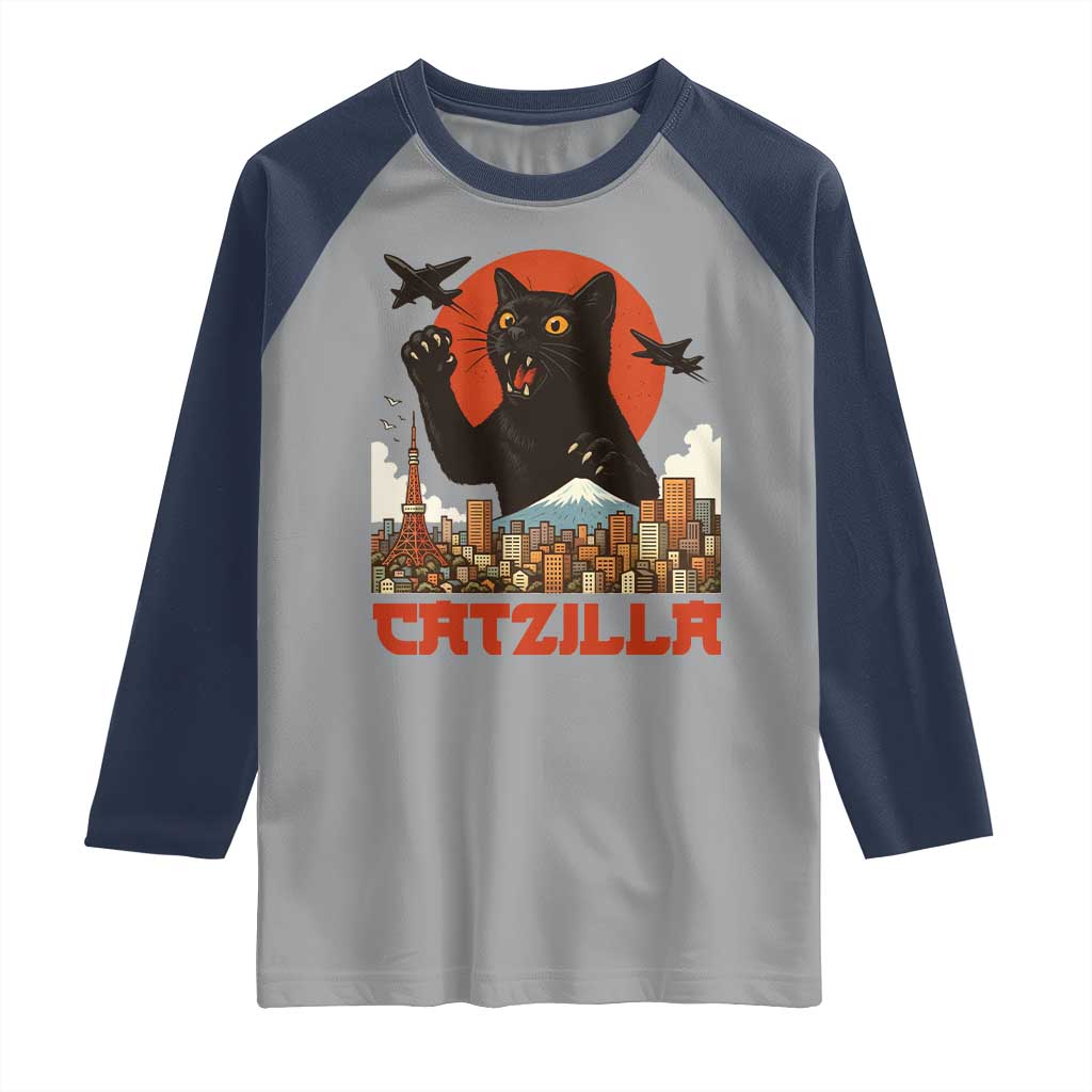 Catzilla Raglan Shirt Funny Giant Cat Monster Roaring Tokyo Japan - Wonder Print Shop