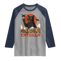 Catzilla Raglan Shirt Funny Giant Cat Monster Roaring Tokyo Japan - Wonder Print Shop