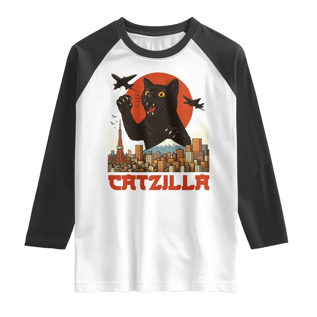 Catzilla Raglan Shirt Funny Giant Cat Monster Roaring Tokyo Japan - Wonder Print Shop
