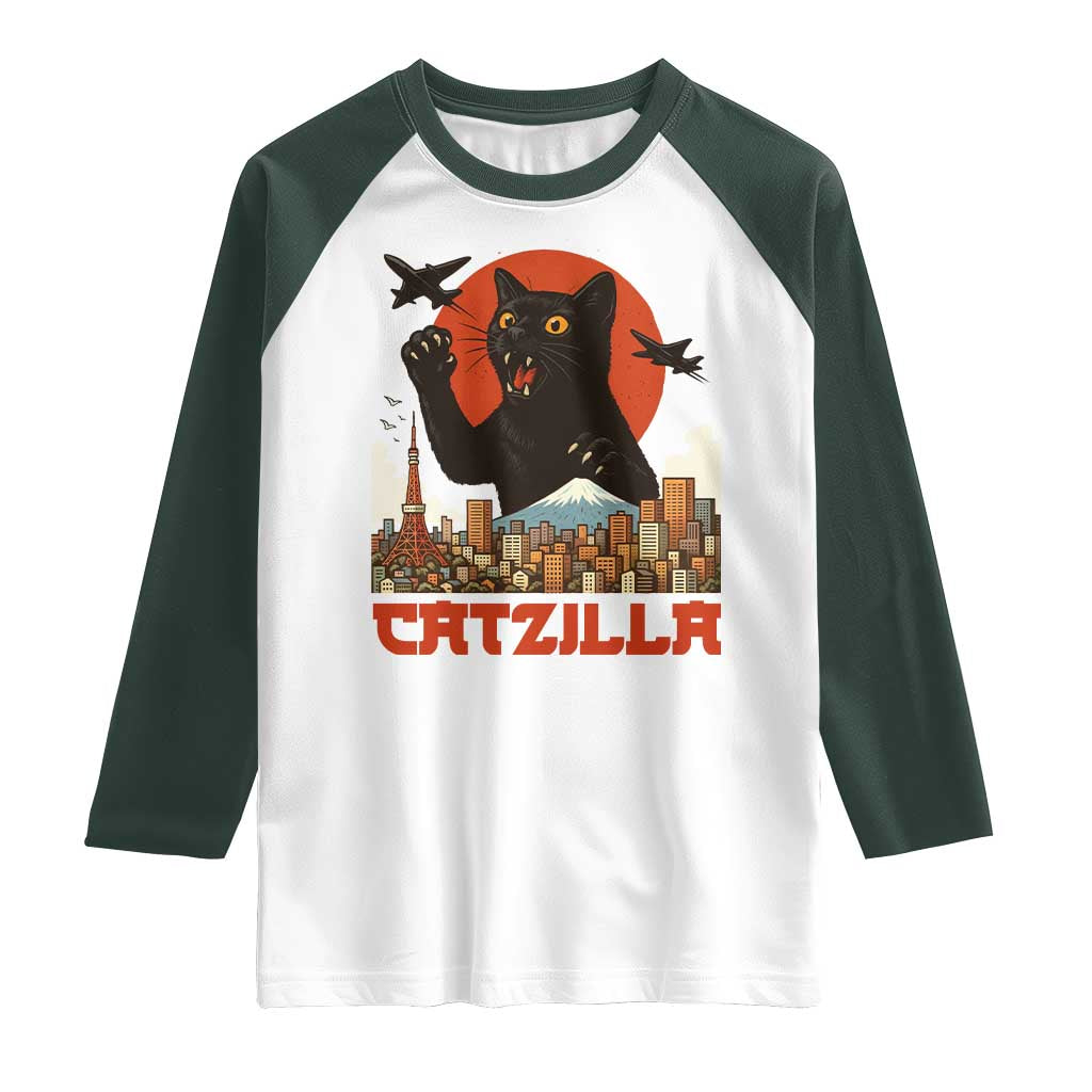 Catzilla Raglan Shirt Funny Giant Cat Monster Roaring Tokyo Japan - Wonder Print Shop