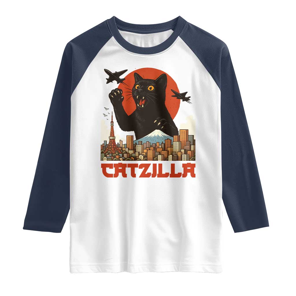 Catzilla Raglan Shirt Funny Giant Cat Monster Roaring Tokyo Japan - Wonder Print Shop