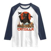 Catzilla Raglan Shirt Funny Giant Cat Monster Roaring Tokyo Japan - Wonder Print Shop