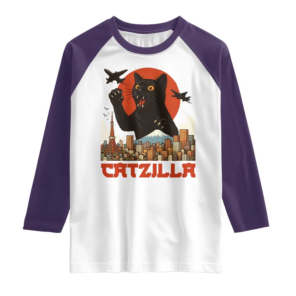 Catzilla Raglan Shirt Funny Giant Cat Monster Roaring Tokyo Japan - Wonder Print Shop