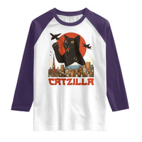 Catzilla Raglan Shirt Funny Giant Cat Monster Roaring Tokyo Japan - Wonder Print Shop