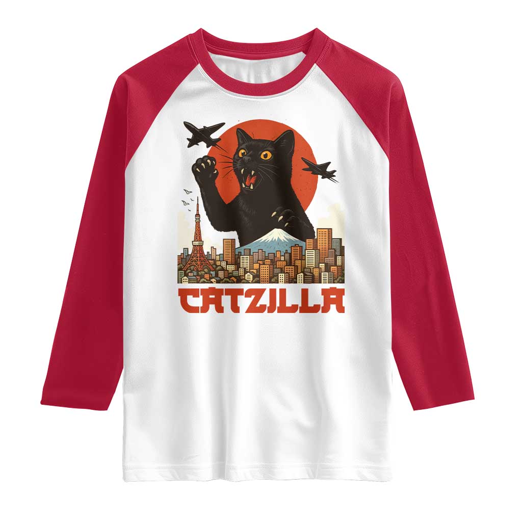 Catzilla Raglan Shirt Funny Giant Cat Monster Roaring Tokyo Japan - Wonder Print Shop