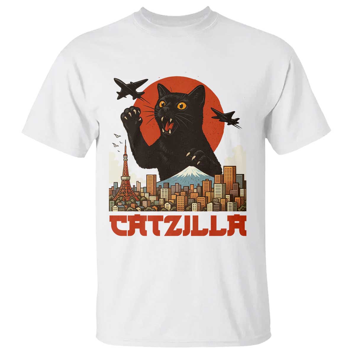 Catzilla T Shirt Funny Giant Cat Monster Roaring Tokyo Japan - Wonder Print Shop