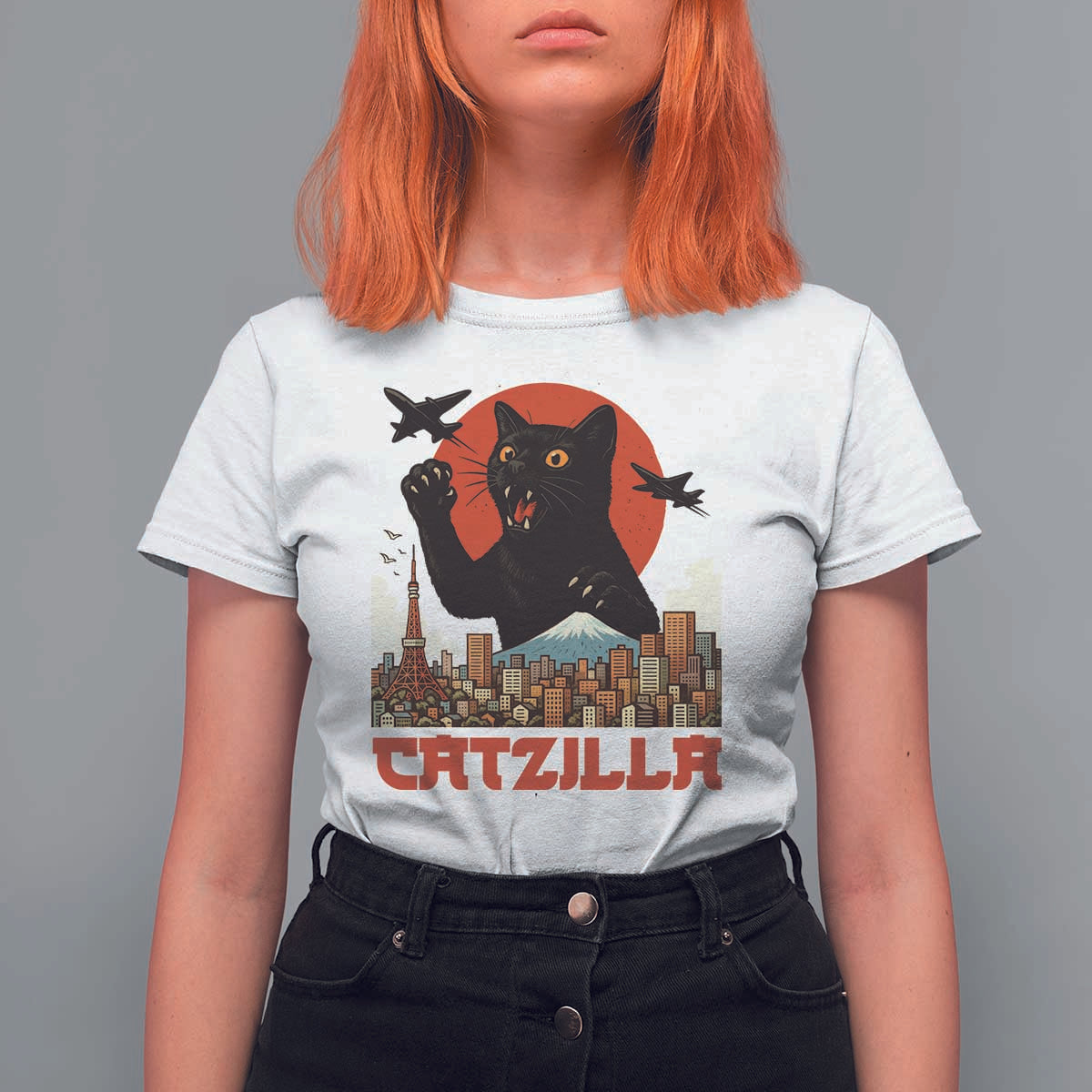 Catzilla T Shirt For Women Funny Giant Cat Monster Roaring Tokyo Japan - Wonder Print Shop