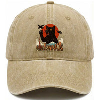 Funny Giant Cat Monster Roaring Tokyo Japan Washed Cotton Baseball Cap