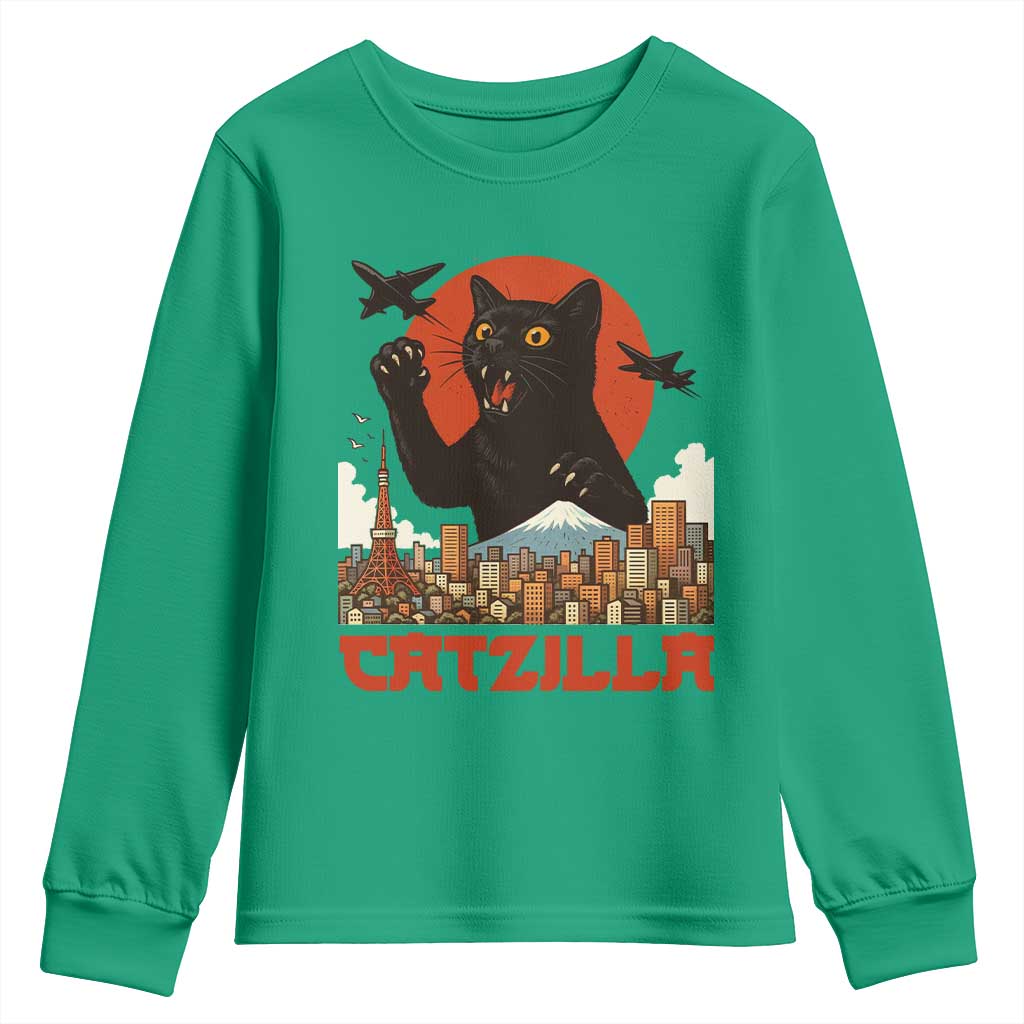 Catzilla Youth Sweatshirt Funny Giant Cat Monster Roaring Tokyo Japan - Wonder Print Shop