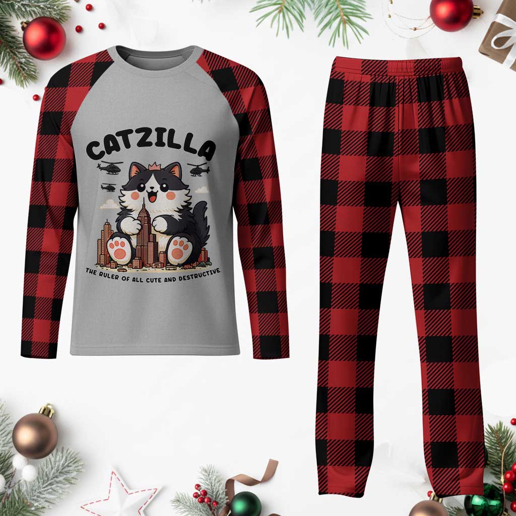 Cute Catzilla Plaid Pajama Set The Ruler Of All Cute And Destructive Funny - Wonder Print Shop