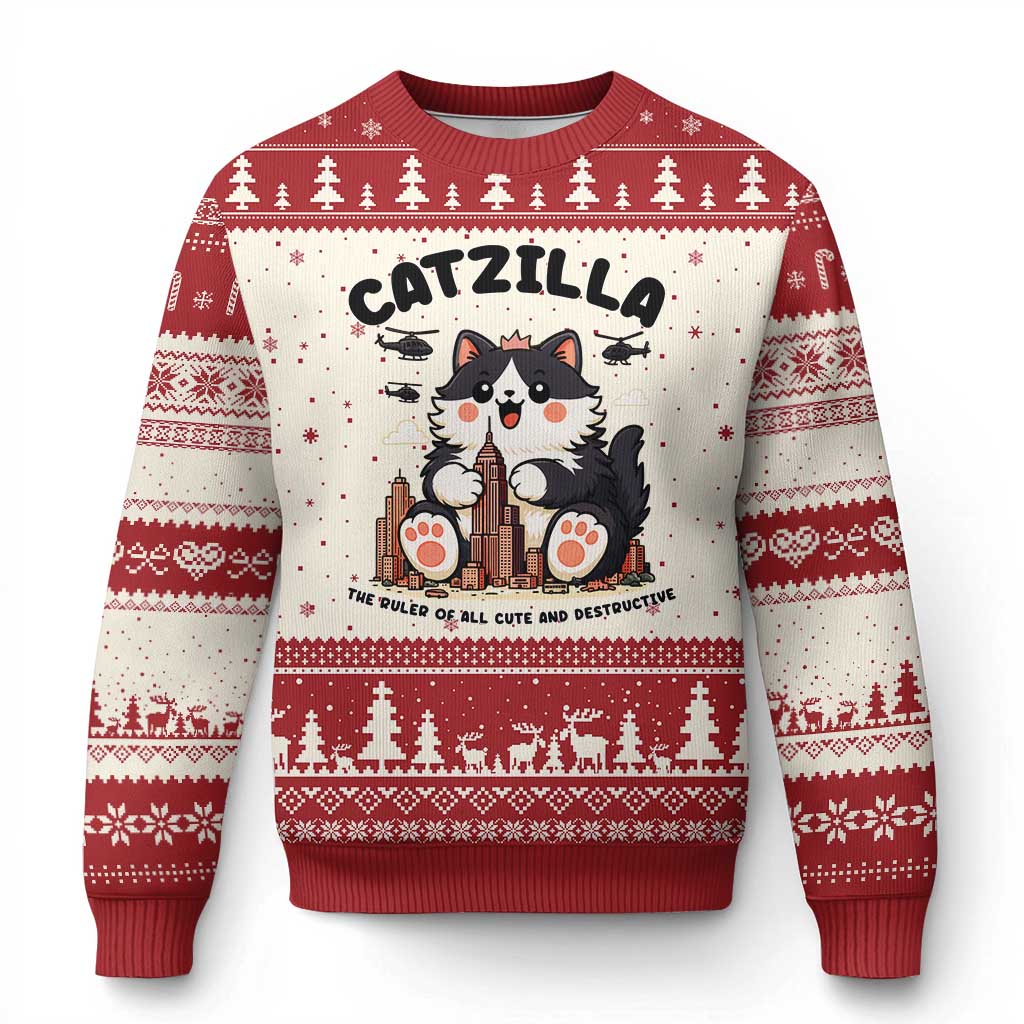 Cute Catzilla Ugly Christmas Sweater The Ruler Of All Cute And Destructive Funny - Wonder Print Shop