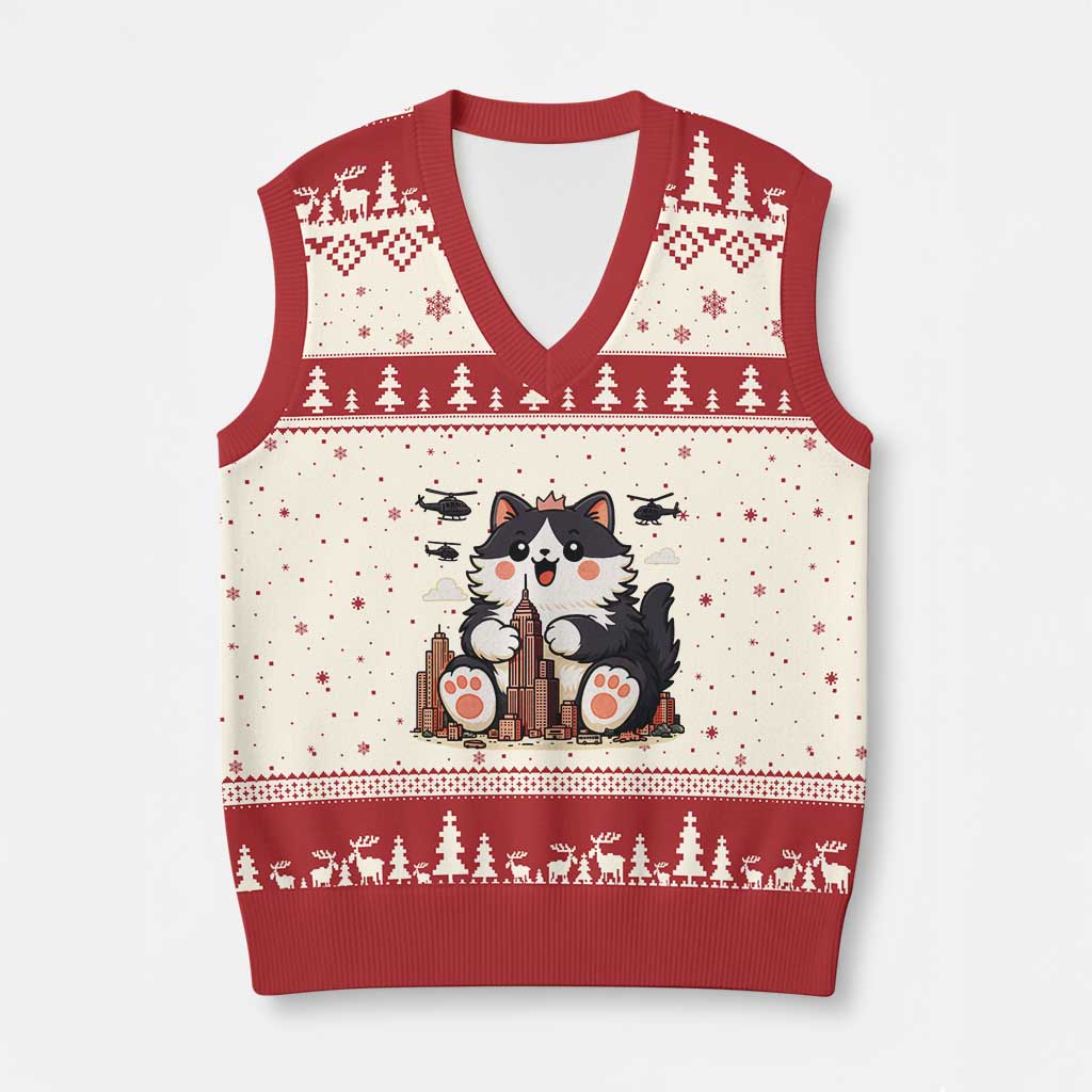 Cute Catzilla V-Neck Knit Sweater Vest The Ruler Of All Cute And Destructive Funny - Wonder Print Shop