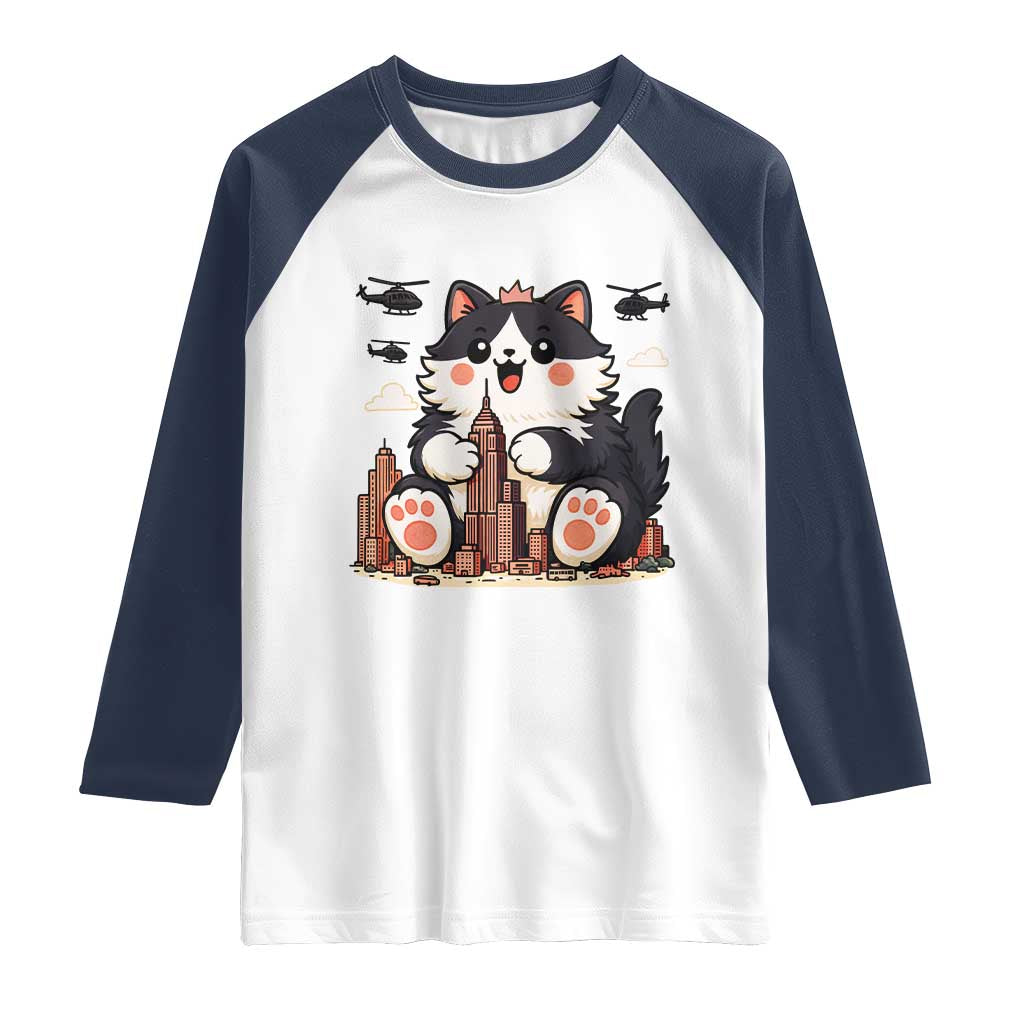 Cute Catzilla Raglan Shirt The Ruler Of All Cute And Destructive Funny - Wonder Print Shop