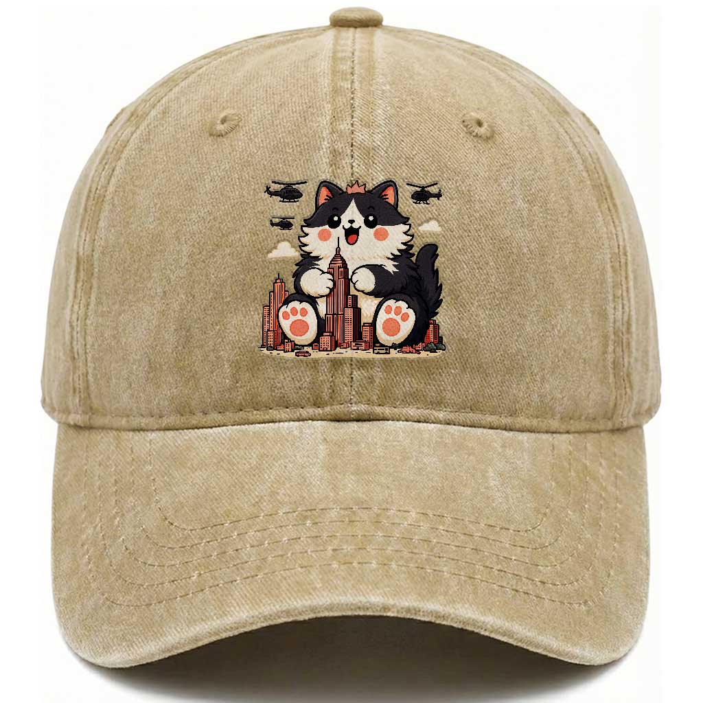 Funny Giant Cat Monster Invades City Washed Cotton Baseball Cap Cat Lover Gift