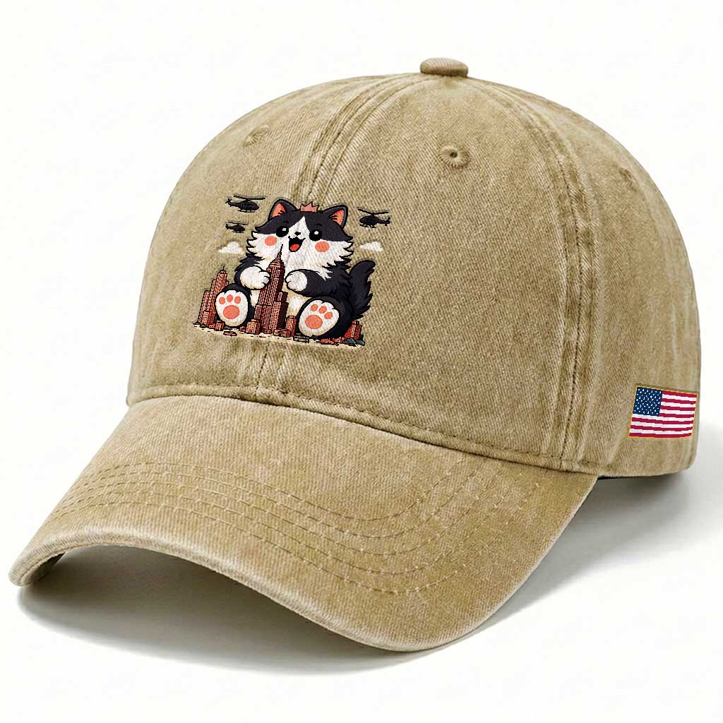 Funny Giant Cat Monster Invades City Washed Cotton Baseball Cap Cat Lover Gift