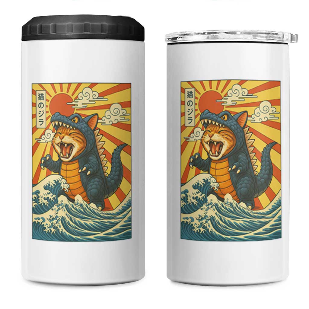 Catzilla 4 in 1 Can Cooler Tumbler Kawaii Cat Monster Japanese Sun Wave Art