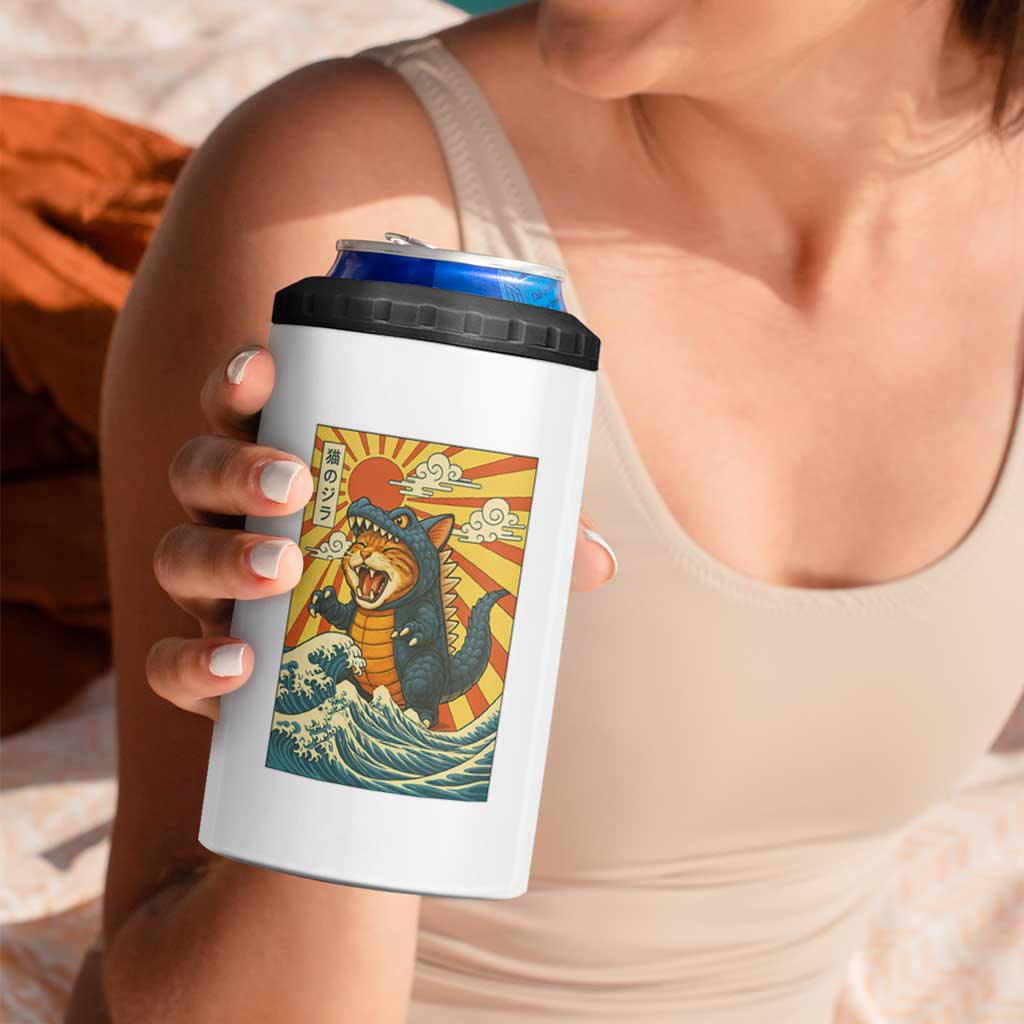 Catzilla 4 in 1 Can Cooler Tumbler Kawaii Cat Monster Japanese Sun Wave Art