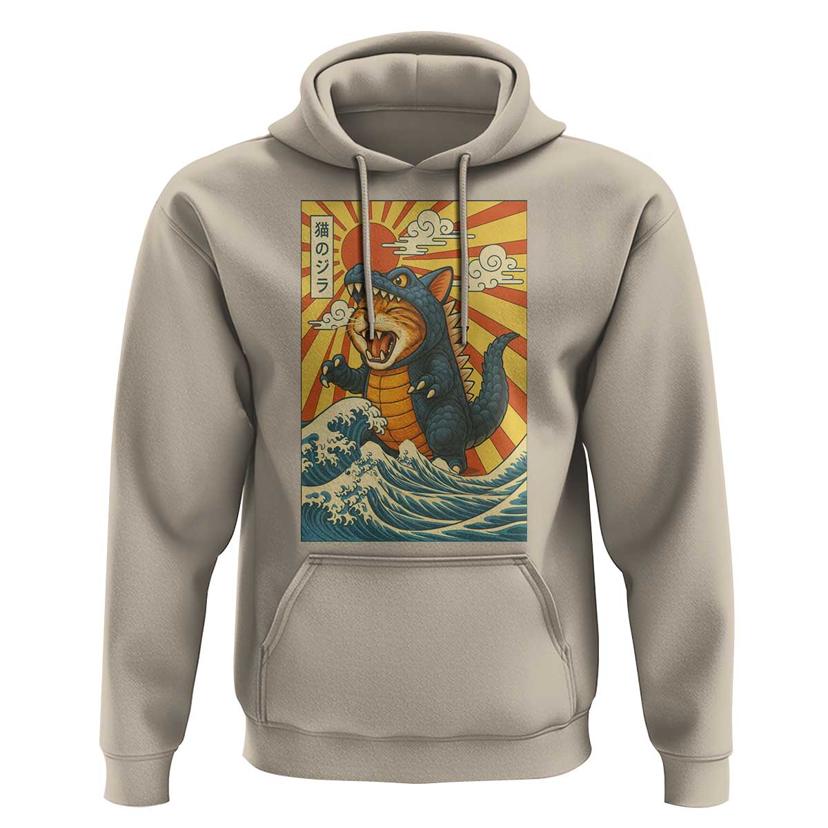 Catzilla Hoodie Kawaii Cat Monster Japanese Sun Wave Art - Wonder Print Shop