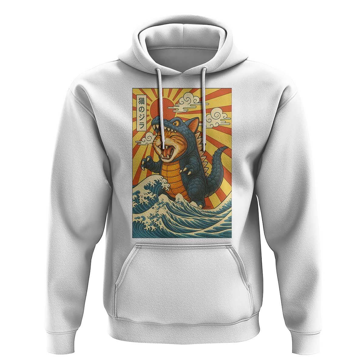 Catzilla Hoodie Kawaii Cat Monster Japanese Sun Wave Art - Wonder Print Shop