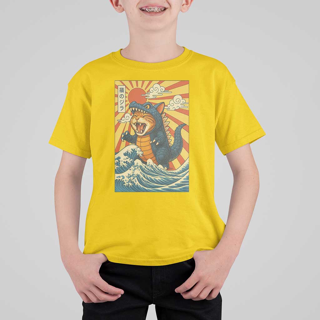 Catzilla T Shirt For Kid Kawaii Cat Monster Japanese Sun Wave Art - Wonder Print Shop