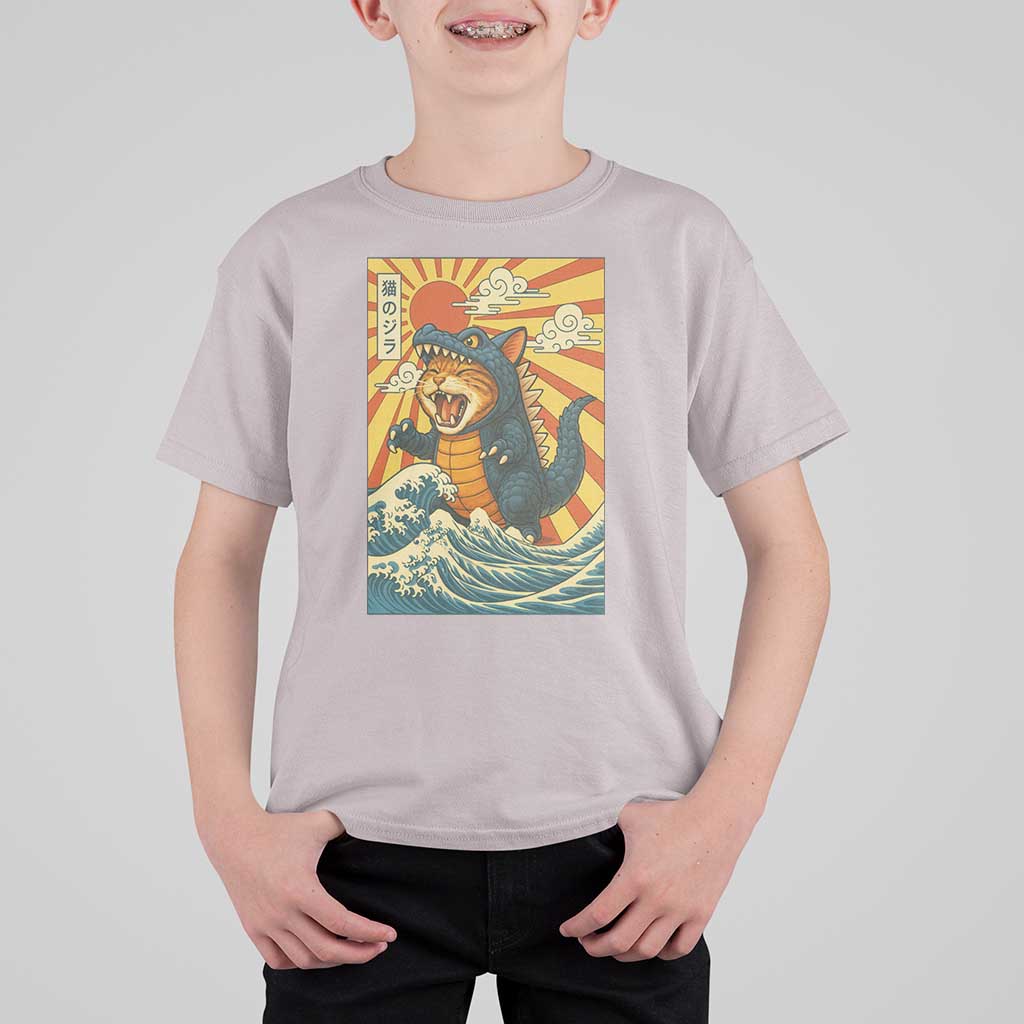 Catzilla T Shirt For Kid Kawaii Cat Monster Japanese Sun Wave Art - Wonder Print Shop