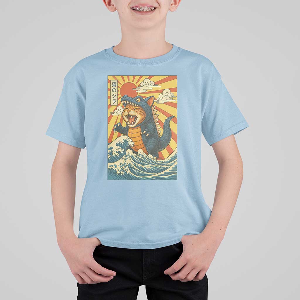 Catzilla T Shirt For Kid Kawaii Cat Monster Japanese Sun Wave Art - Wonder Print Shop
