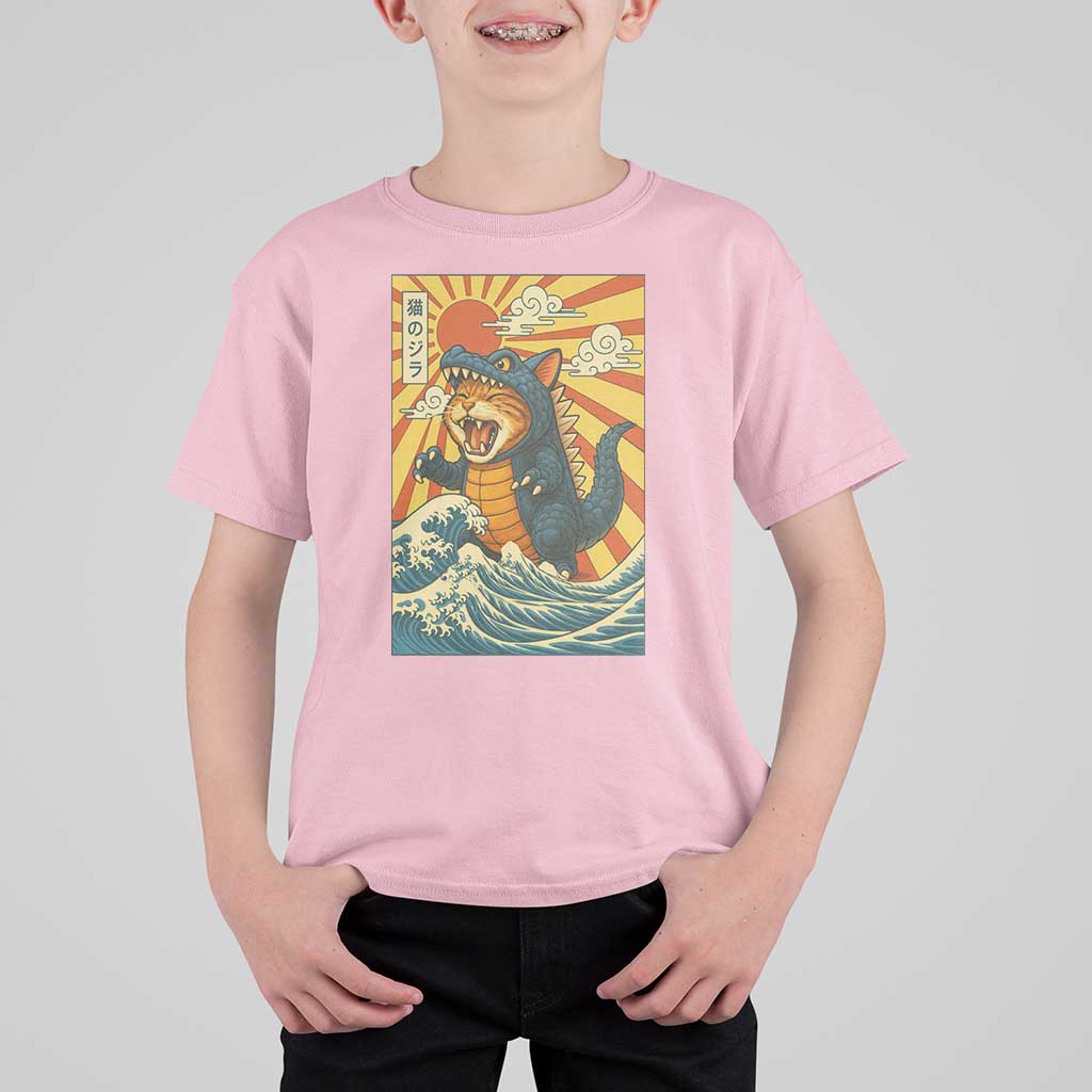 Catzilla T Shirt For Kid Kawaii Cat Monster Japanese Sun Wave Art - Wonder Print Shop