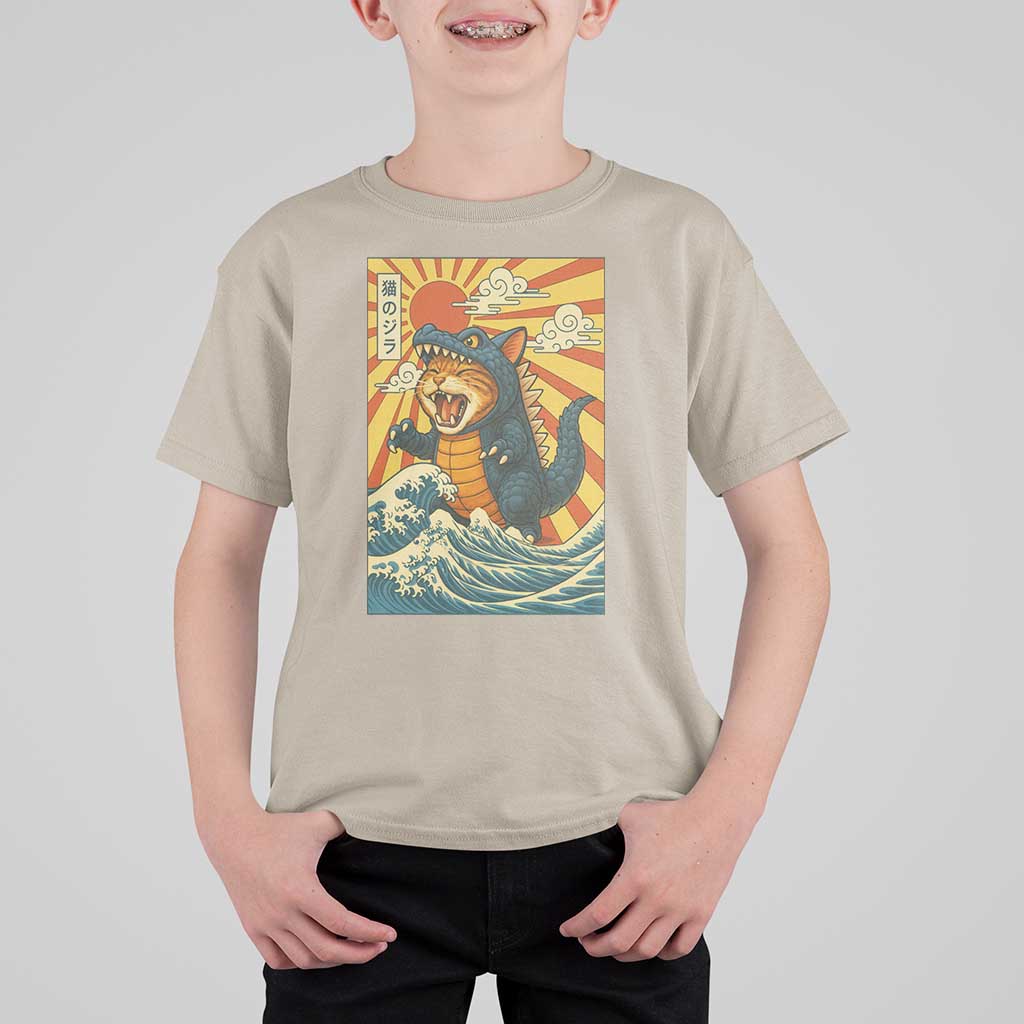 Catzilla T Shirt For Kid Kawaii Cat Monster Japanese Sun Wave Art - Wonder Print Shop