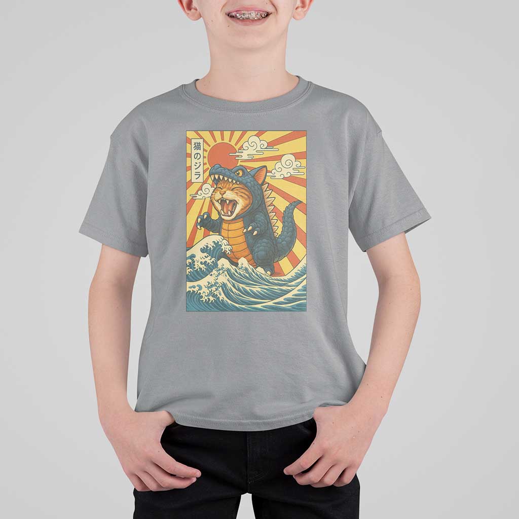 Catzilla T Shirt For Kid Kawaii Cat Monster Japanese Sun Wave Art - Wonder Print Shop