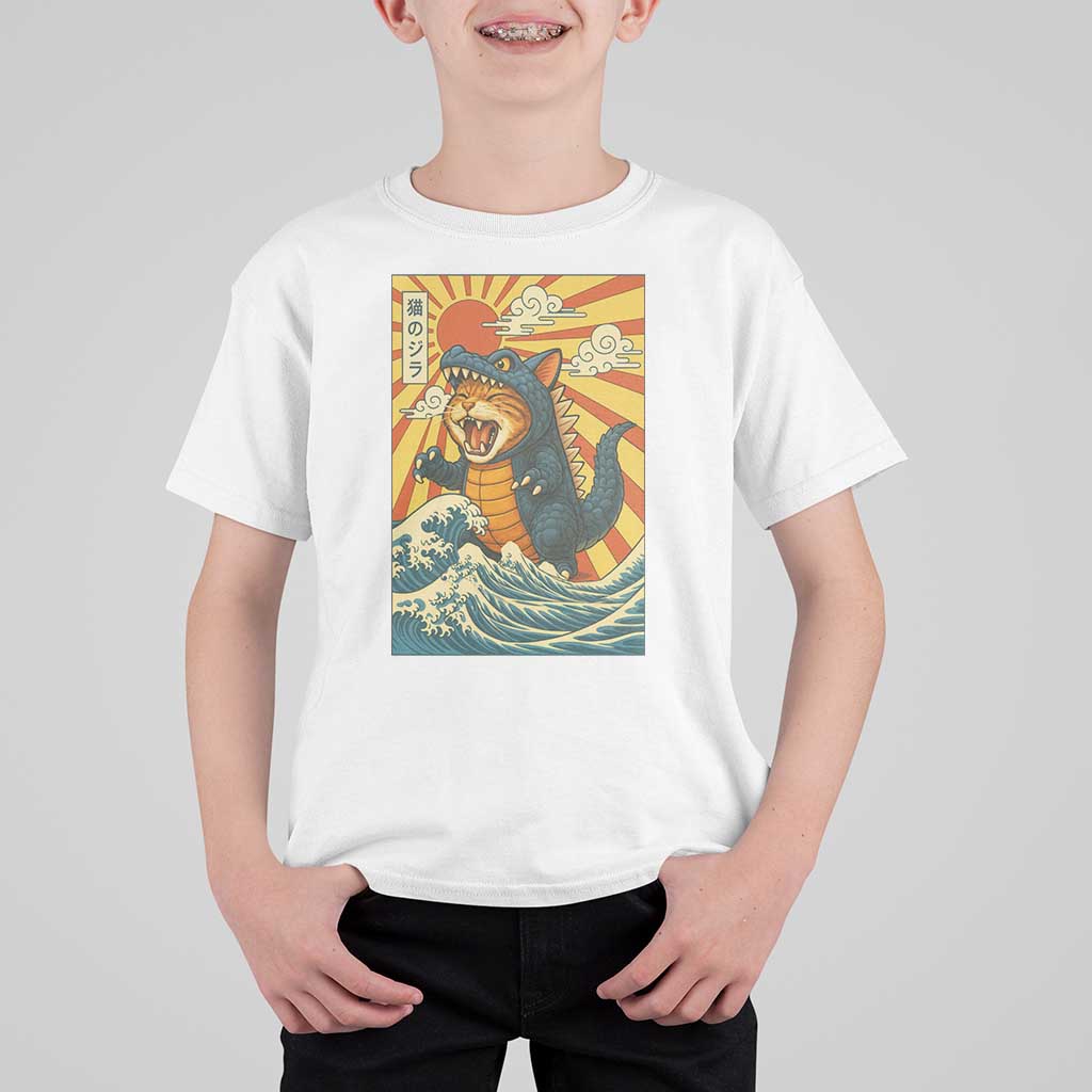 Catzilla T Shirt For Kid Kawaii Cat Monster Japanese Sun Wave Art - Wonder Print Shop