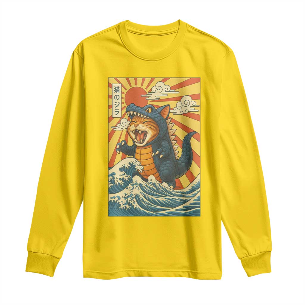 Catzilla Long Sleeve Shirt Kawaii Cat Monster Japanese Sun Wave Art - Wonder Print Shop