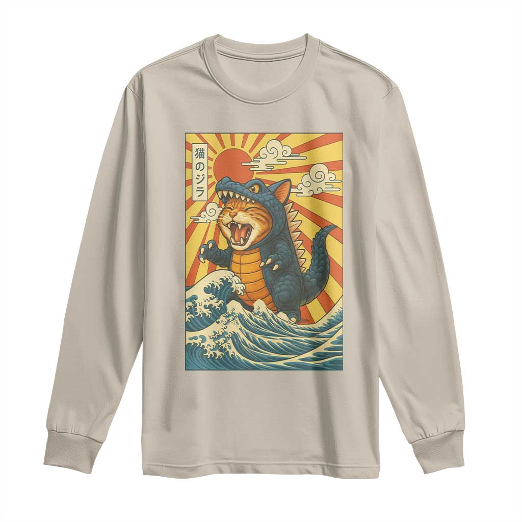 Catzilla Long Sleeve Shirt Kawaii Cat Monster Japanese Sun Wave Art - Wonder Print Shop