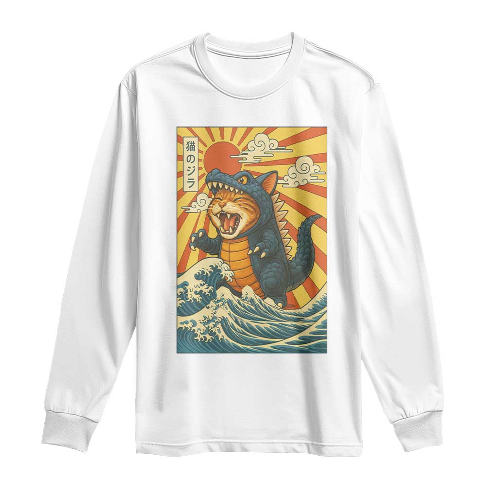 Catzilla Long Sleeve Shirt Kawaii Cat Monster Japanese Sun Wave Art - Wonder Print Shop