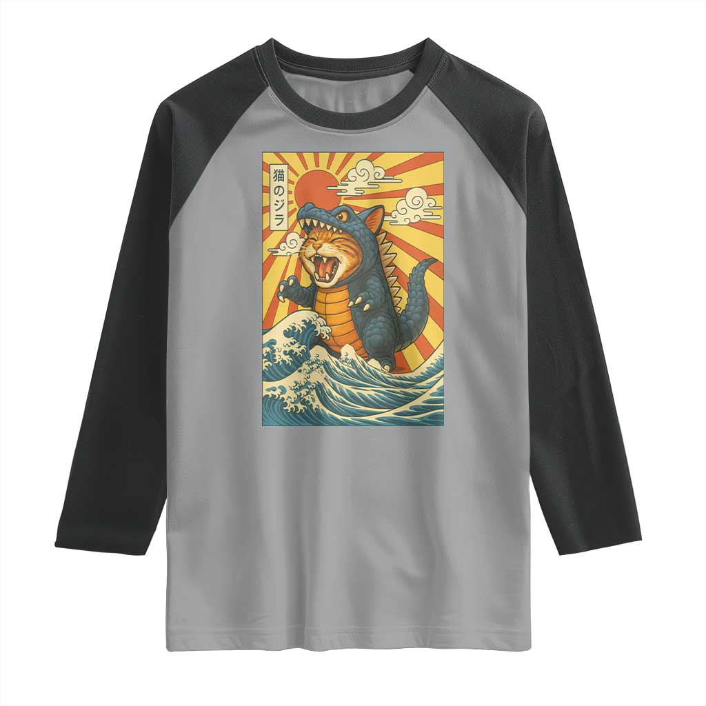 Catzilla Raglan Shirt Kawaii Cat Monster Japanese Sun Wave Art - Wonder Print Shop