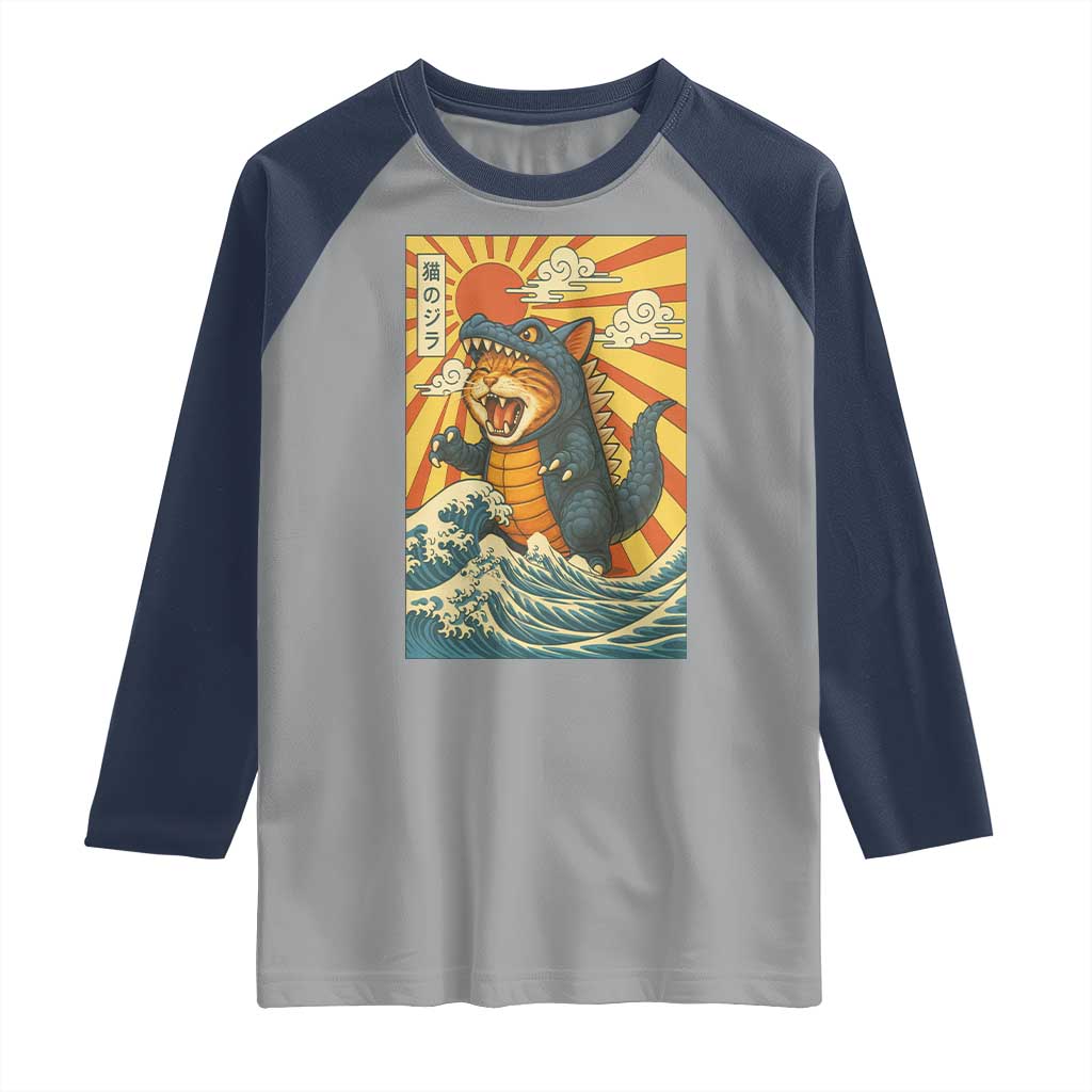 Catzilla Raglan Shirt Kawaii Cat Monster Japanese Sun Wave Art - Wonder Print Shop