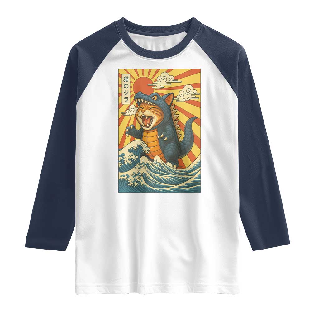 Catzilla Raglan Shirt Kawaii Cat Monster Japanese Sun Wave Art - Wonder Print Shop