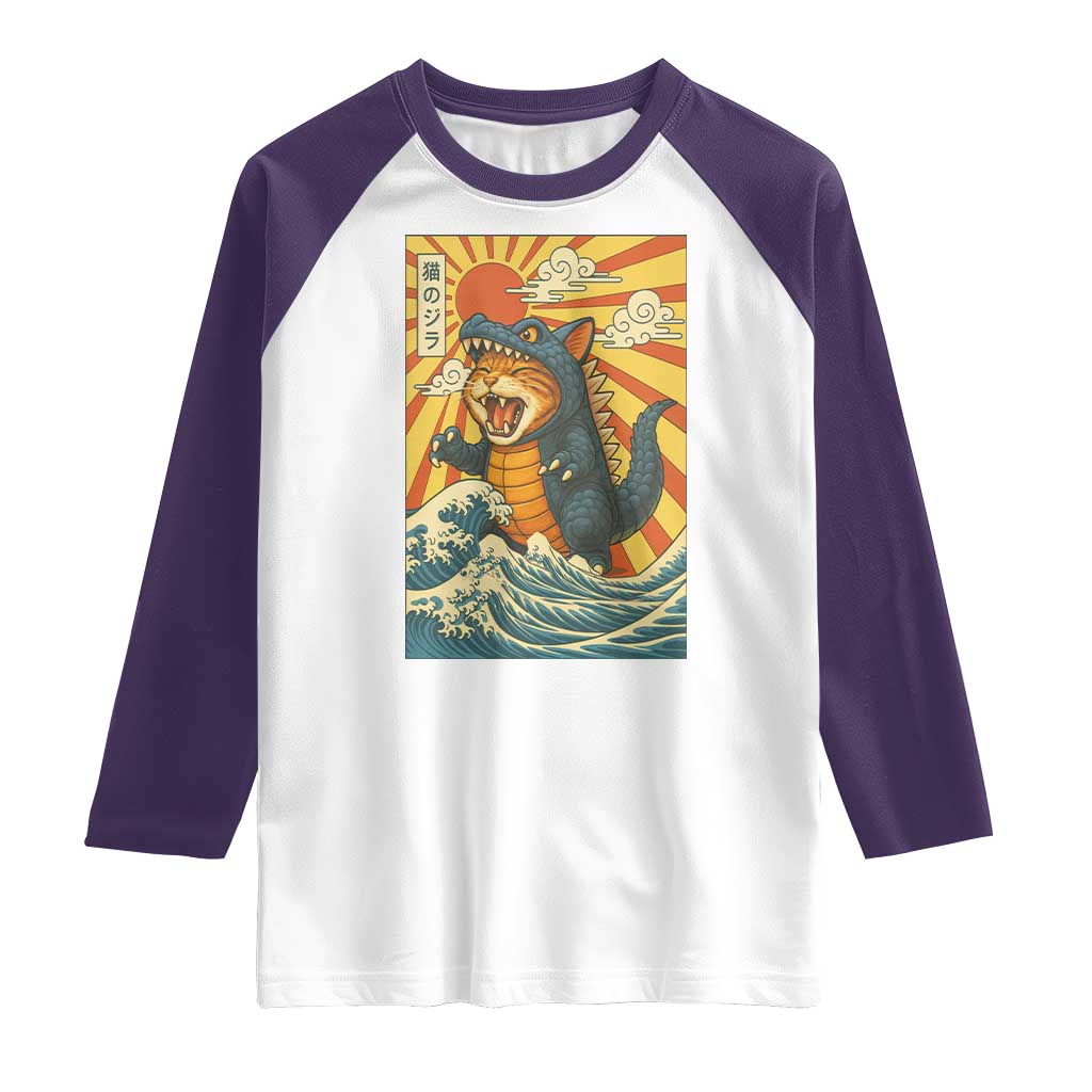 Catzilla Raglan Shirt Kawaii Cat Monster Japanese Sun Wave Art - Wonder Print Shop