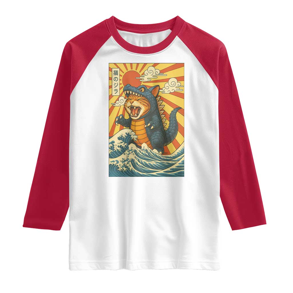Catzilla Raglan Shirt Kawaii Cat Monster Japanese Sun Wave Art - Wonder Print Shop
