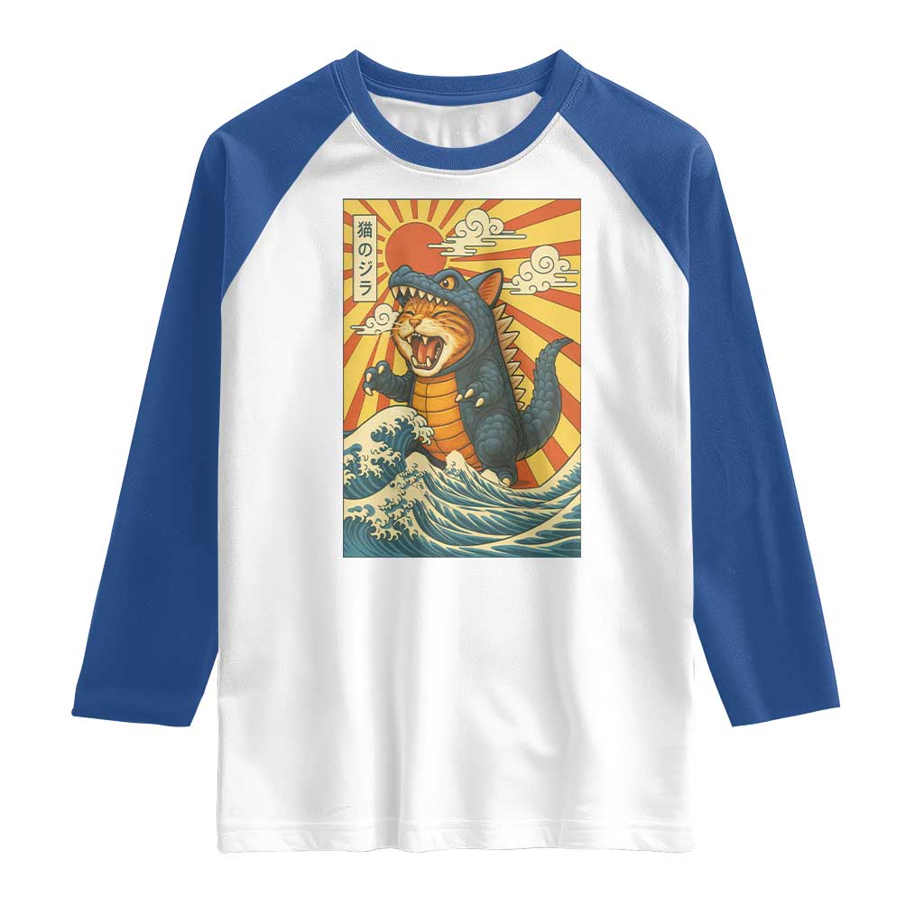 Catzilla Raglan Shirt Kawaii Cat Monster Japanese Sun Wave Art - Wonder Print Shop