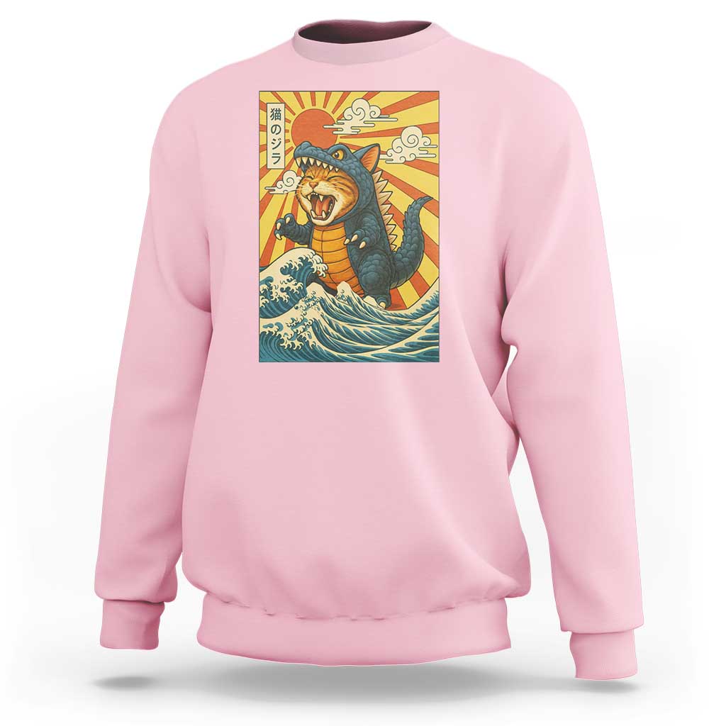 Catzilla Sweatshirt Kawaii Cat Monster Japanese Sun Wave Art - Wonder Print Shop