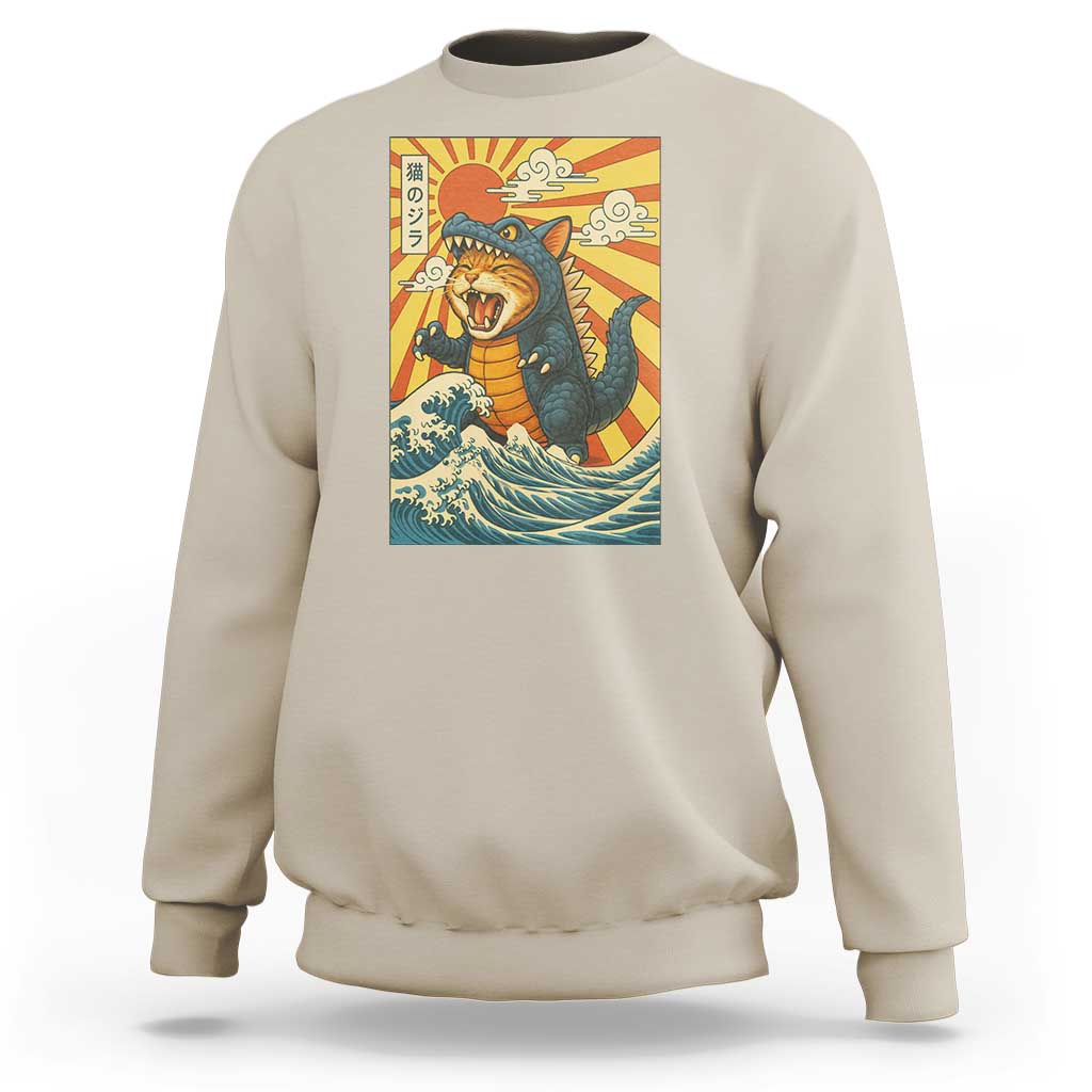 Catzilla Sweatshirt Kawaii Cat Monster Japanese Sun Wave Art - Wonder Print Shop
