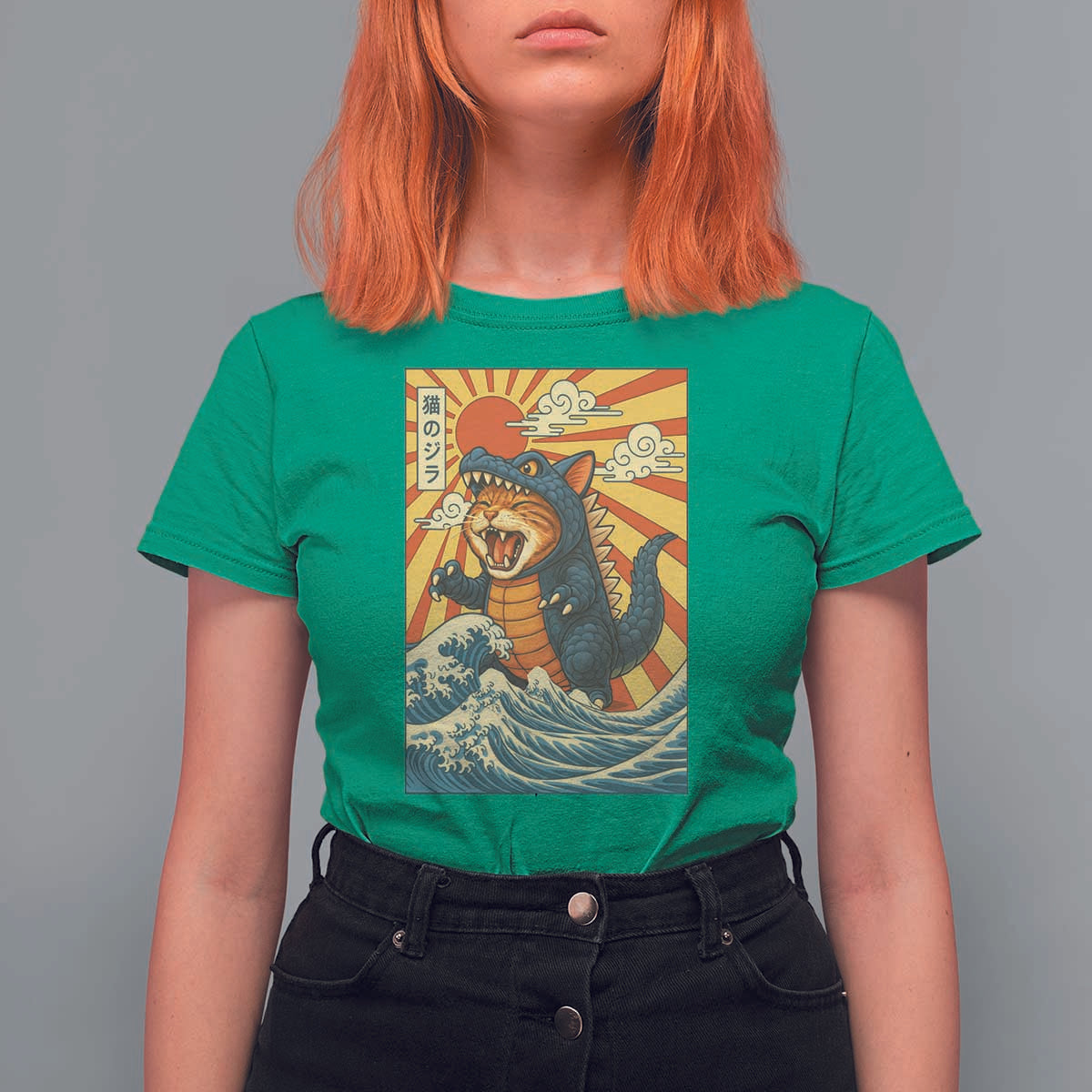 Catzilla T Shirt For Women Kawaii Cat Monster Japanese Sun Wave Art - Wonder Print Shop