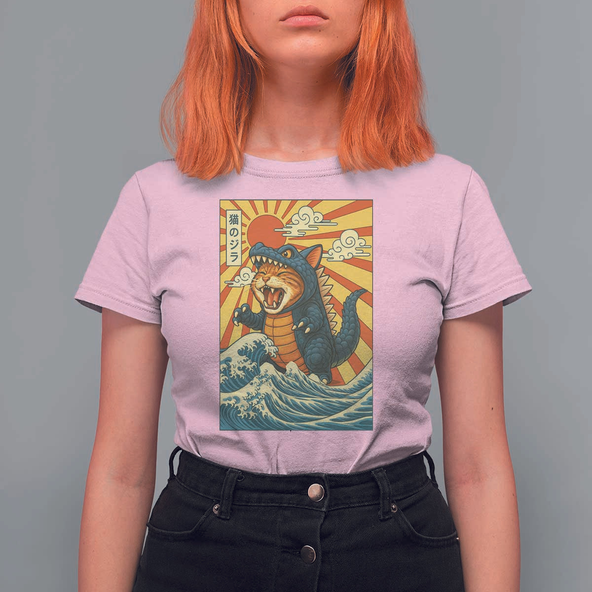 Catzilla T Shirt For Women Kawaii Cat Monster Japanese Sun Wave Art - Wonder Print Shop