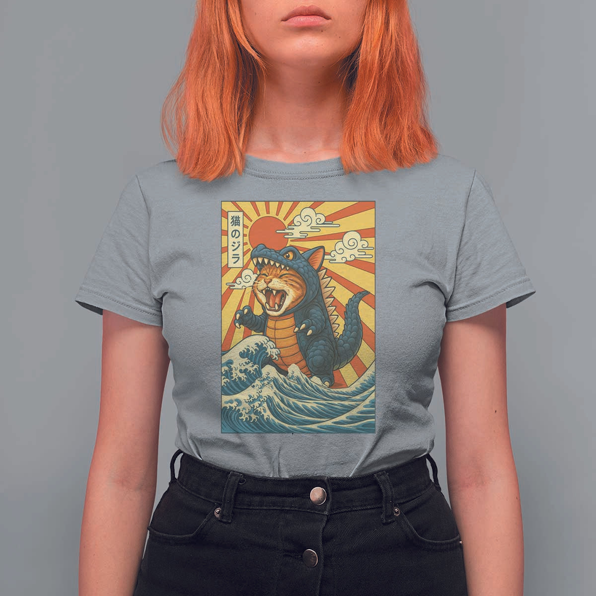 Catzilla T Shirt For Women Kawaii Cat Monster Japanese Sun Wave Art - Wonder Print Shop