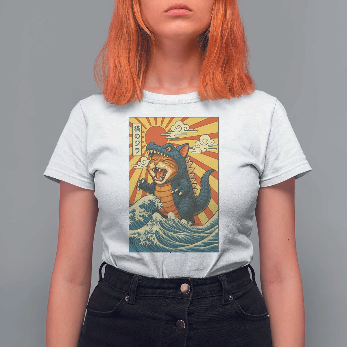 Catzilla T Shirt For Women Kawaii Cat Monster Japanese Sun Wave Art - Wonder Print Shop