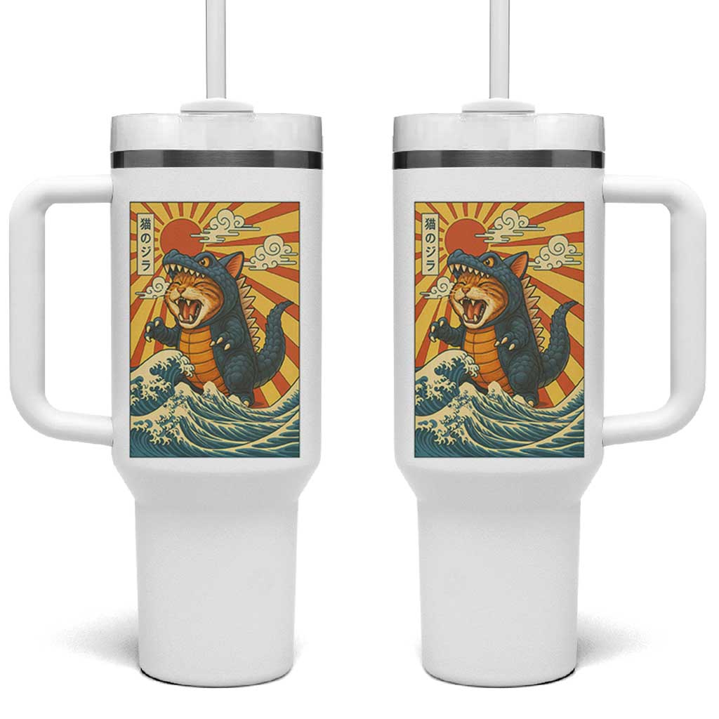 Catzilla Tumbler With Handle Kawaii Cat Monster Japanese Sun Wave Art