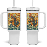 Catzilla Tumbler With Handle Kawaii Cat Monster Japanese Sun Wave Art