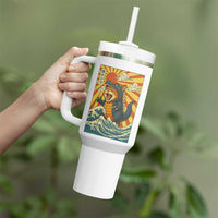 Catzilla Tumbler With Handle Kawaii Cat Monster Japanese Sun Wave Art
