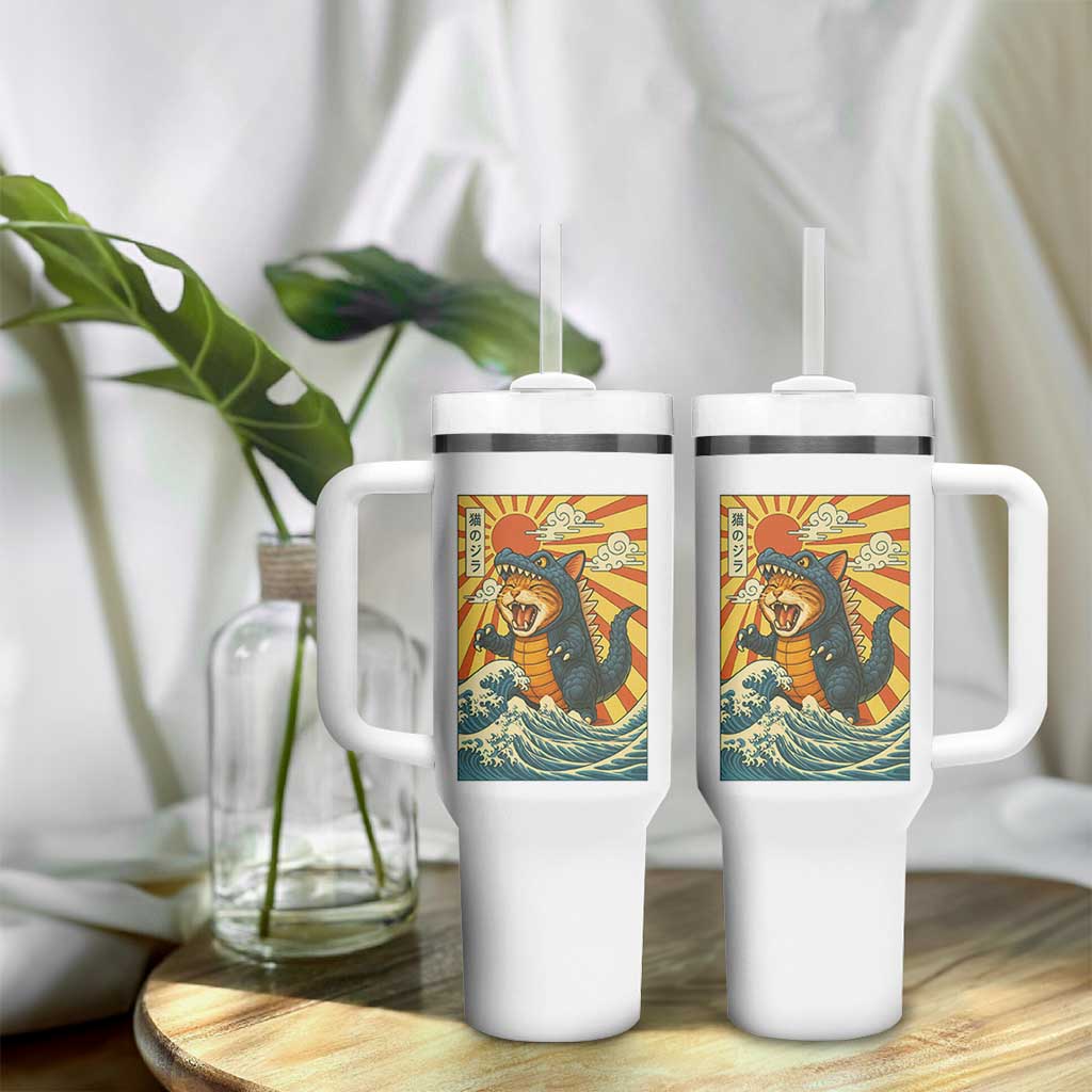 Catzilla Tumbler With Handle Kawaii Cat Monster Japanese Sun Wave Art