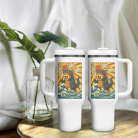 Catzilla Tumbler With Handle Kawaii Cat Monster Japanese Sun Wave Art